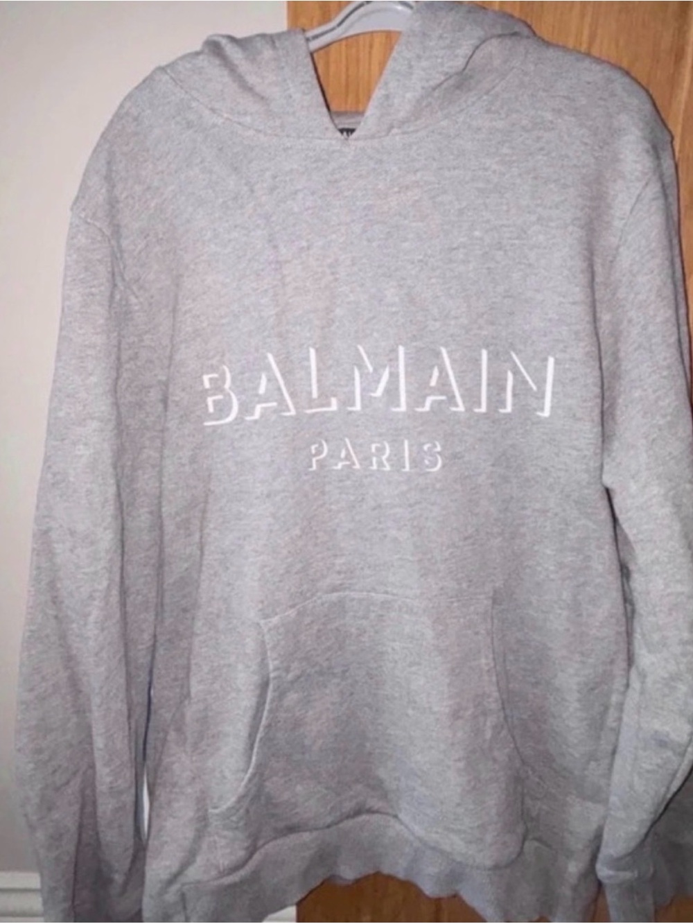 Balmain Gray Crewneck Hoodie with Embossed Logo